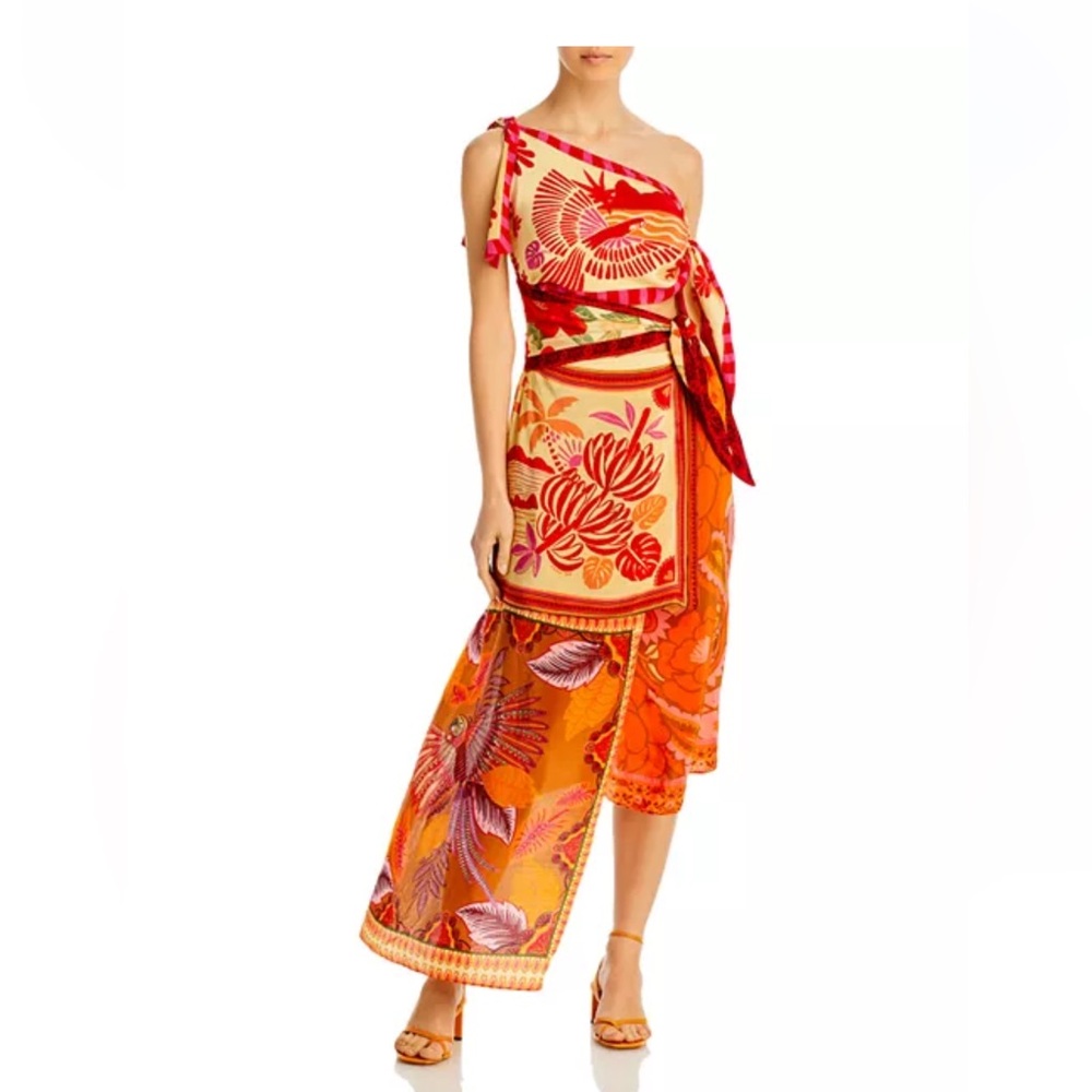 Farm Rio Forest Mixed Scarves Asymmetric Midi Dress